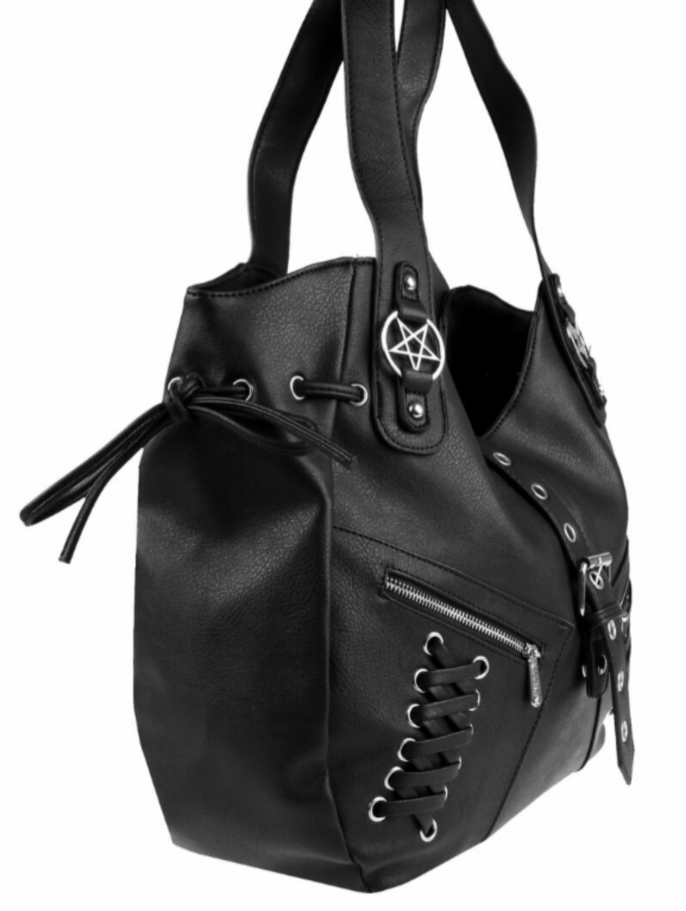 Killstar Killjoy Black Faux Leather Goth Bag w/Pentagram & Corset Accents - Picture 10 of 12